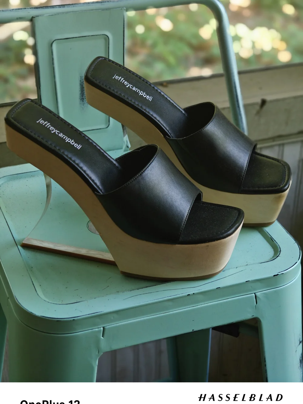 Jeffrey Campbell Black Leather Platform Slides with Natural Wood-Tone Sole